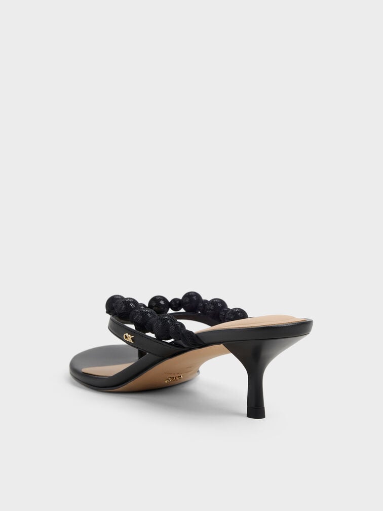 Sepatu Kitten Heels Thong Beaded Leather, Black, hi-res