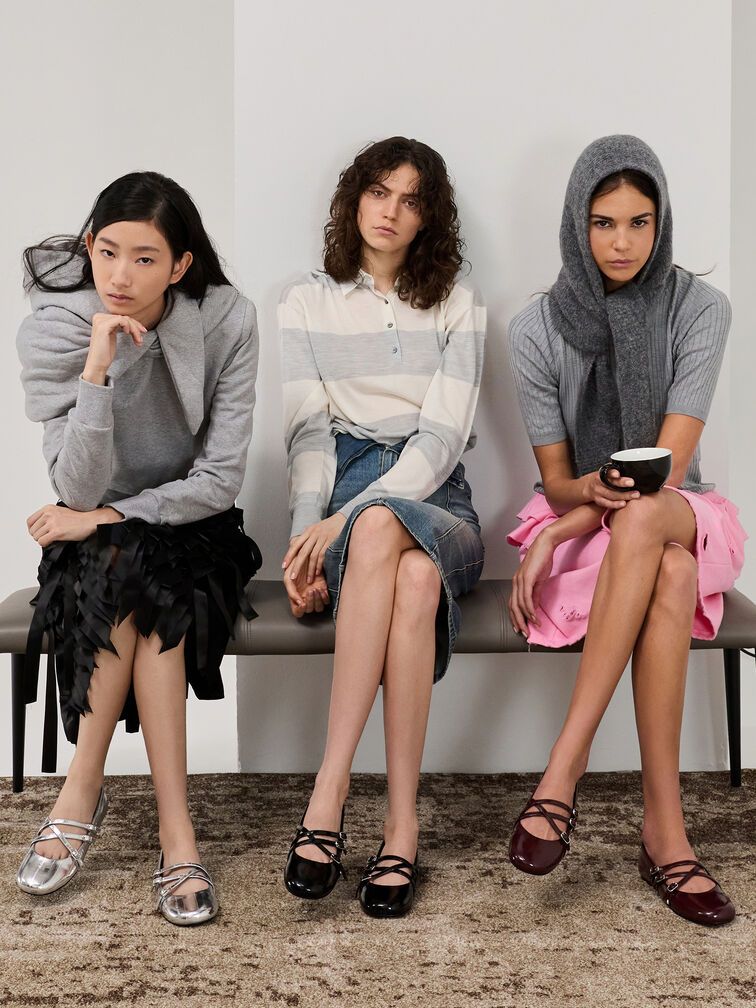 Metallic Triple-Strap Crossover Mary Jane Flats, Silver, hi-res