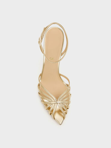 Jaylene Metallic Leather Peep-Toe Stiletto Sandals, Gold, hi-res