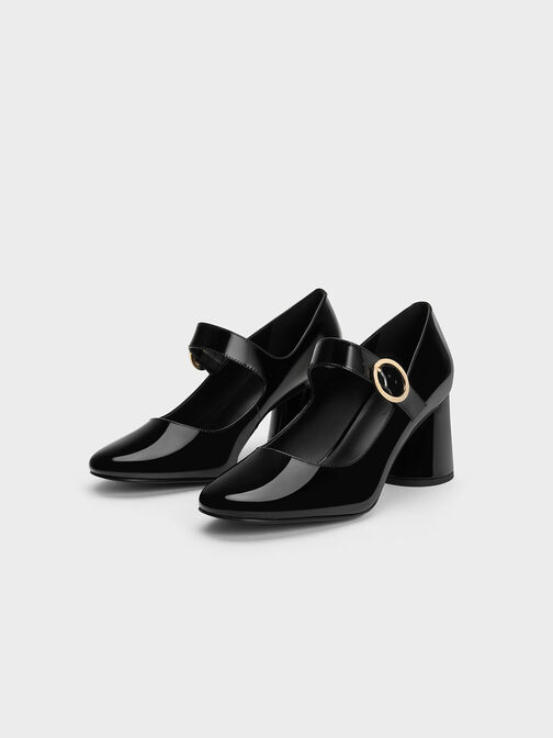 Sepatu Mary Janes Patent Cylindrical Block Heel, Black Patent, hi-res