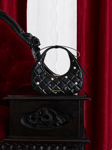 Janie Quilted Pearl Bow-Handle Bag, Black, hi-res
