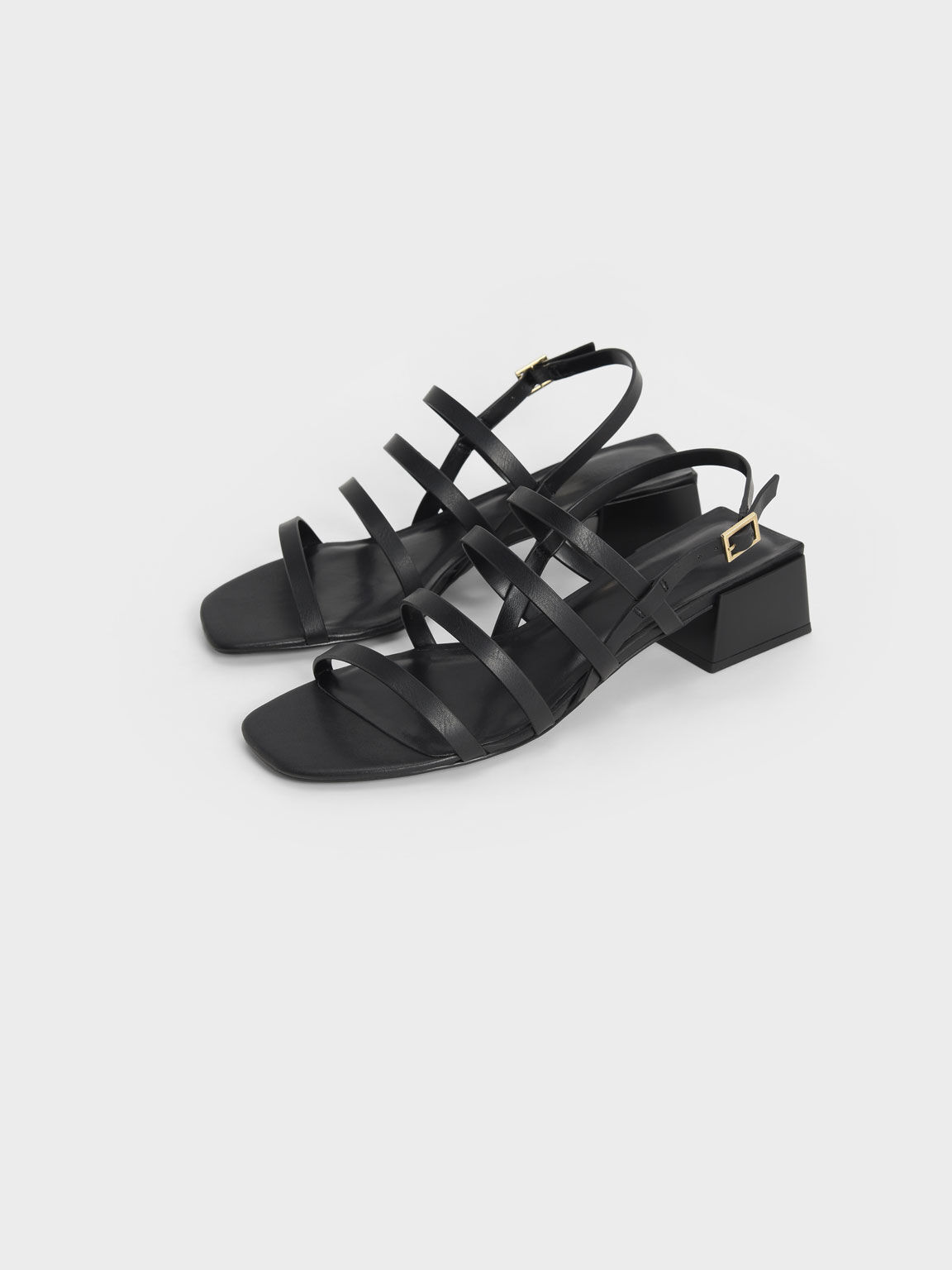 Strappy Geometric Slingback Sandals, Black, hi-res