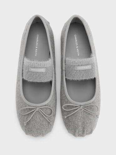 Sepatu Flats Mary Jane Furry-Strap Bow Winona Felt, Light Grey, hi-res