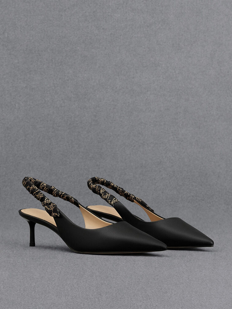 Sepatu Slingback Pumps Ruched-Strap Leather Tully, Black, hi-res