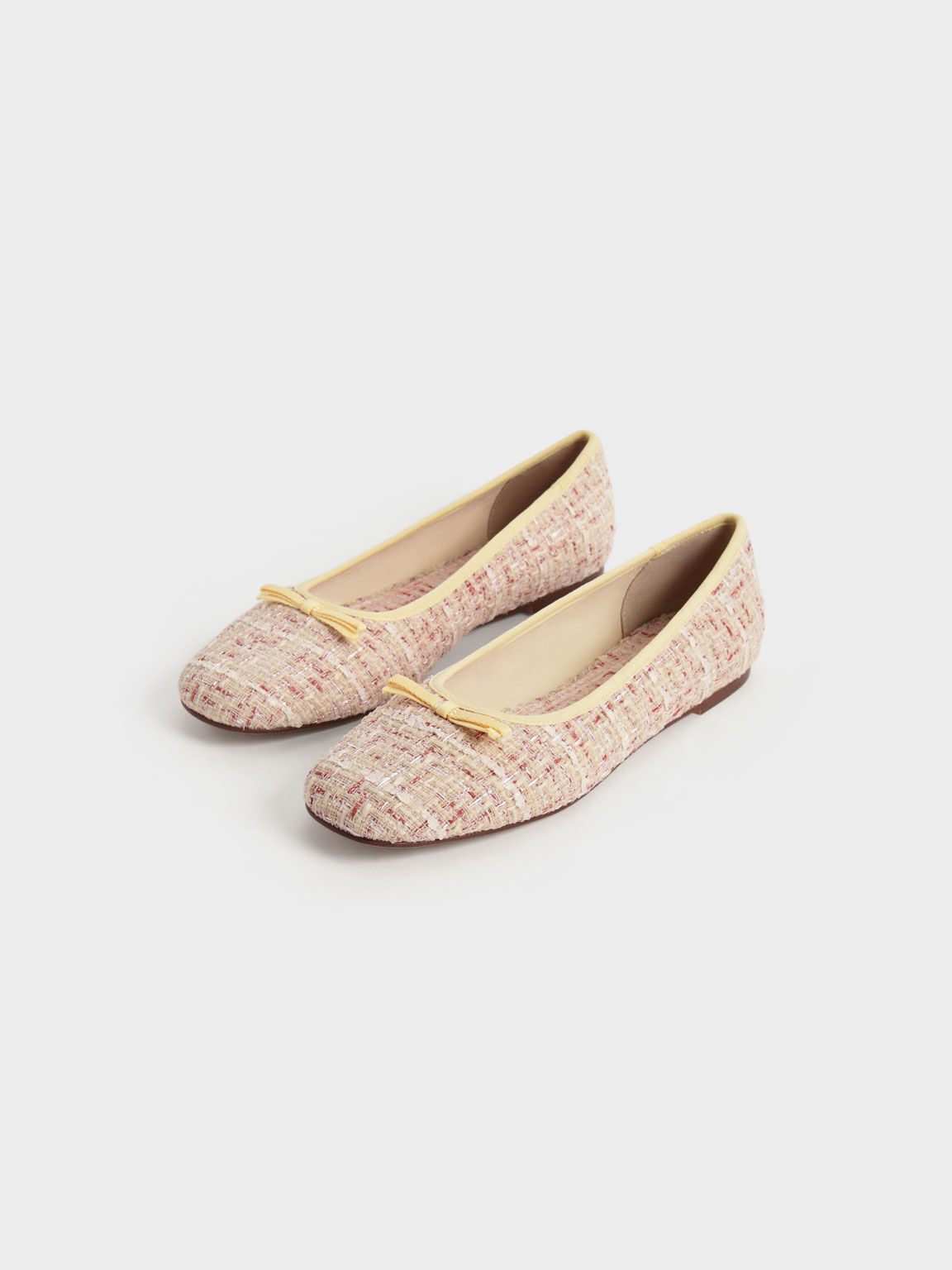 Sepatu Pumps Tweed Bow Ballerina, Cream, hi-res