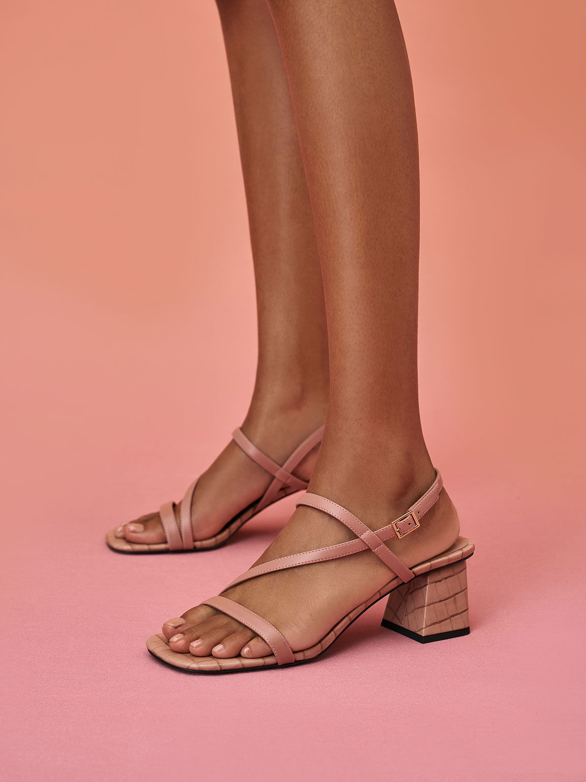 Sandal Slingback Asymmetric Croc-effect, Pink, hi-res