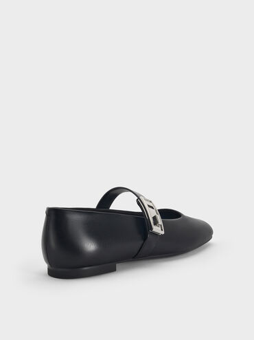 Sepatu Flats Mary Jane Metallic-Buckle Lando, Black, hi-res