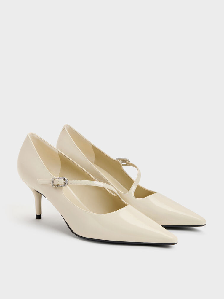 Sepatu Pumps Asymmetric-Strap Patent, Chalk, hi-res
