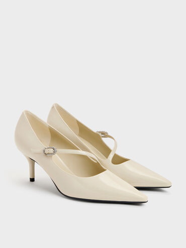 Sepatu Pumps Asymmetric-Strap Patent, Chalk, hi-res