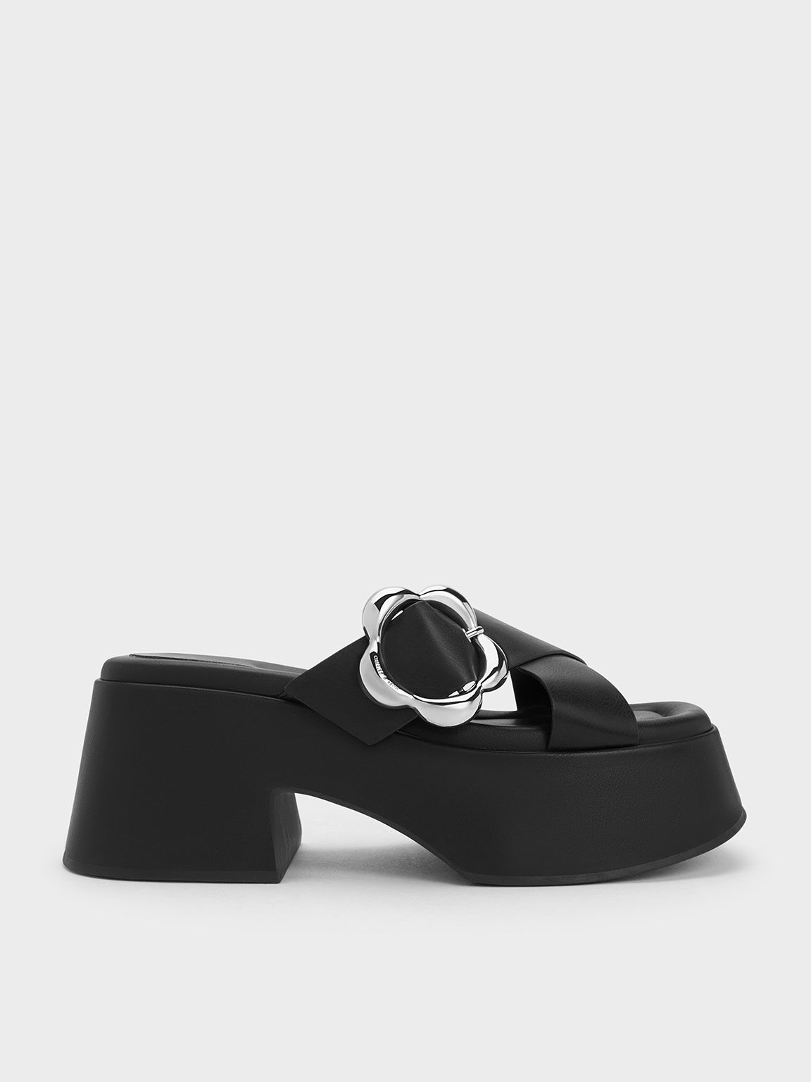 Sepatu Platform Mules Flower-Buckle Crossover, Black, hi-res