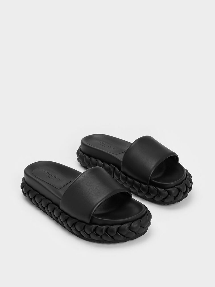 Tali Leather Braided Slides, Black, hi-res