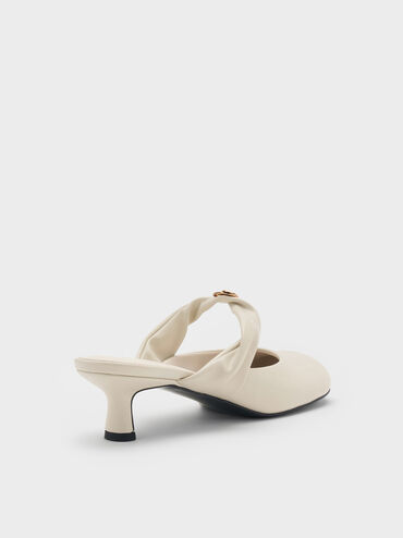 Sepatu Mules Heeled Twisted-Strap Metallic-Accent, Chalk, hi-res