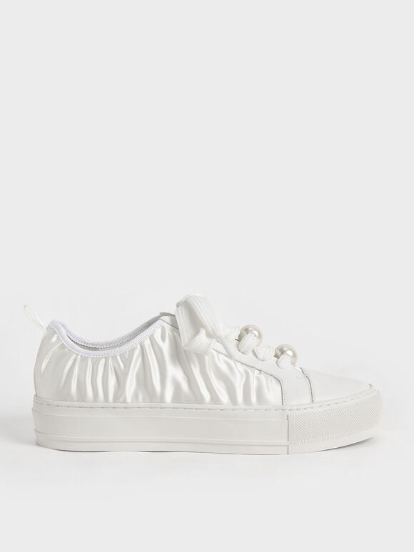 Blythe Leather & Satin Bead-Embellished Sneakers, White, hi-res