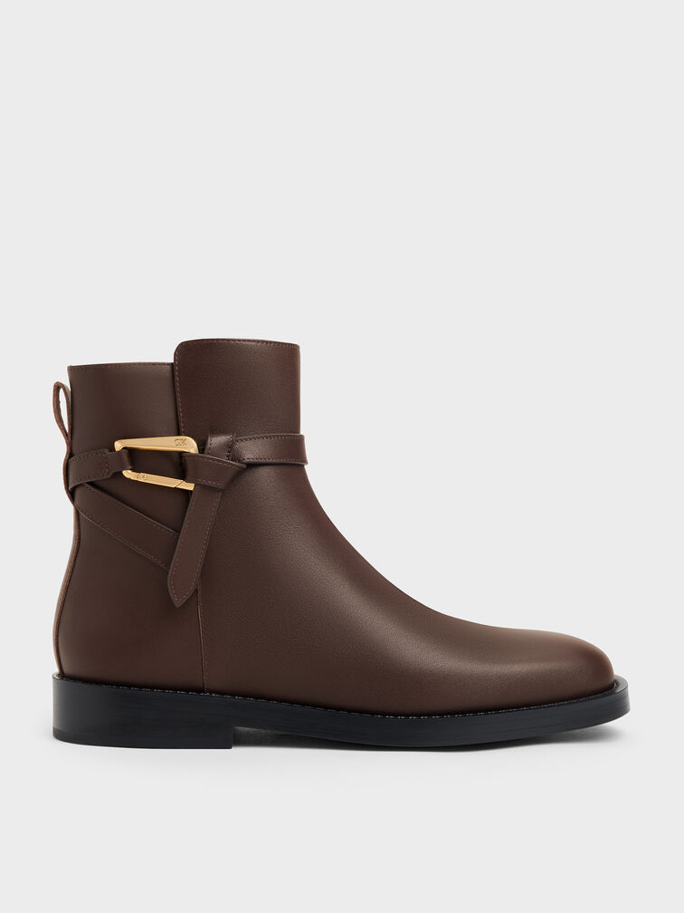 Sepatu Ankle Boots Daena Leather Metallic-Accent, Dark Brown, hi-res
