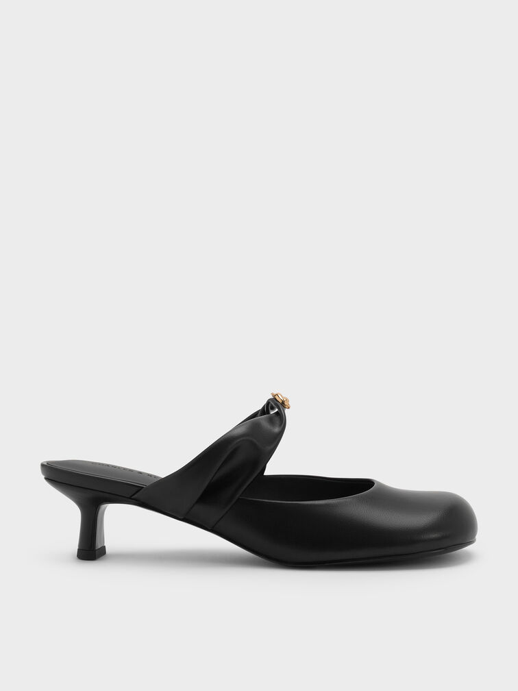 Sepatu Mules Heeled Twisted-Strap Metallic-Accent, Black, hi-res