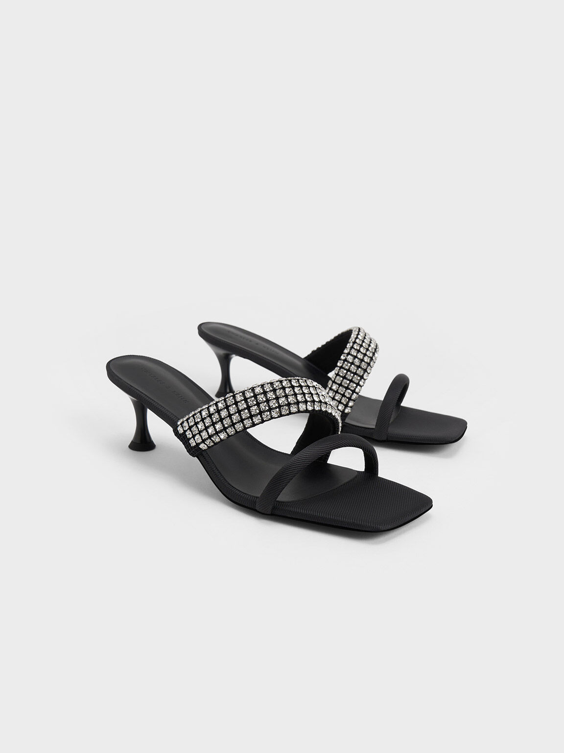 Sepatu Mules Strappy Gem Embellished, Black, hi-res
