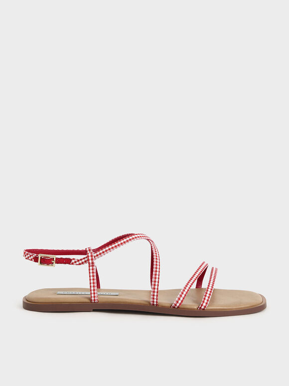 Sandal Flat Check-Print Strappy, Red, hi-res