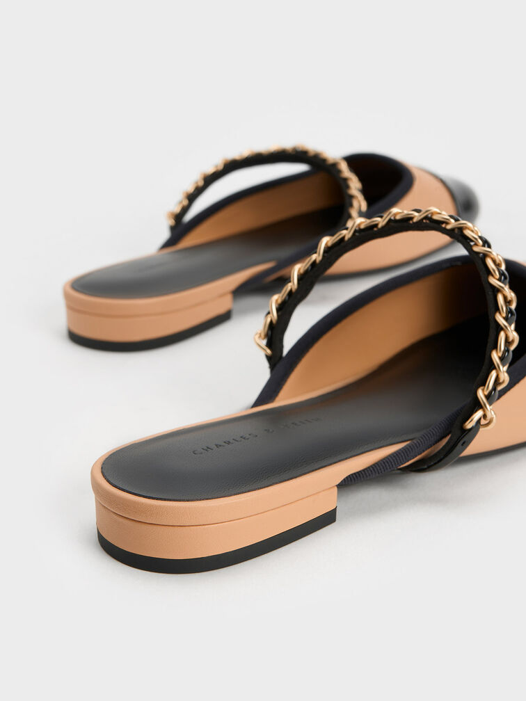 Sepatu Mules Chain-Strap Two-Tone Patent, Beige, hi-res