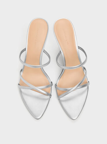 Sepatu Mules Heeled Strappy Metallic Taylen, Silver, hi-res