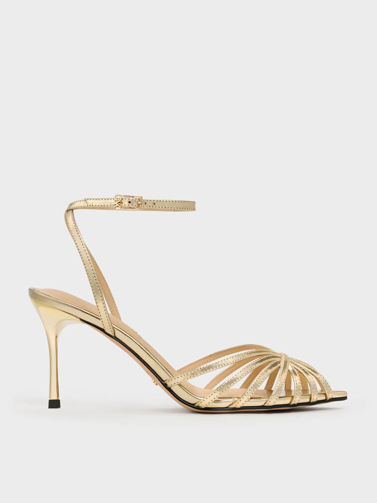 Jaylene Metallic Leather Peep-Toe Stiletto Sandals, Gold, hi-res