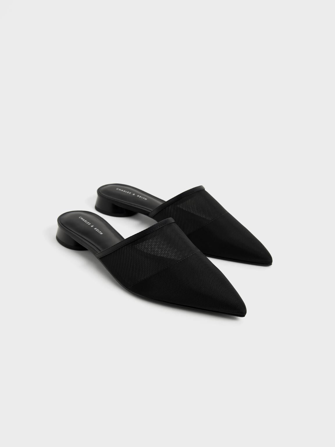Sepatu Mules Flat Mesh Pointed-toe, Black, hi-res