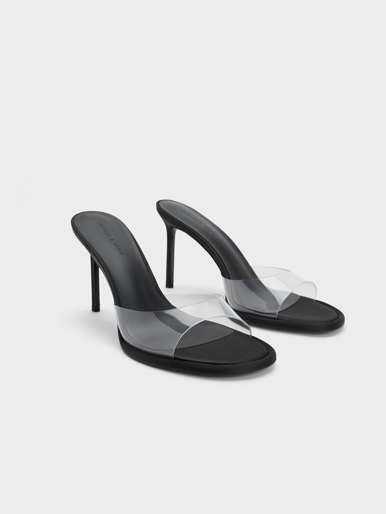 Sepatu Mules See-Through Cylindrical Heel, Black, hi-res