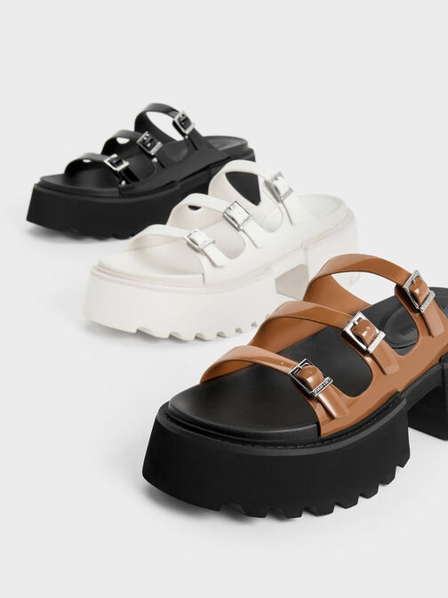 Sepatu Platform Triple-Strap Patent Nadine, Cognac, hi-res