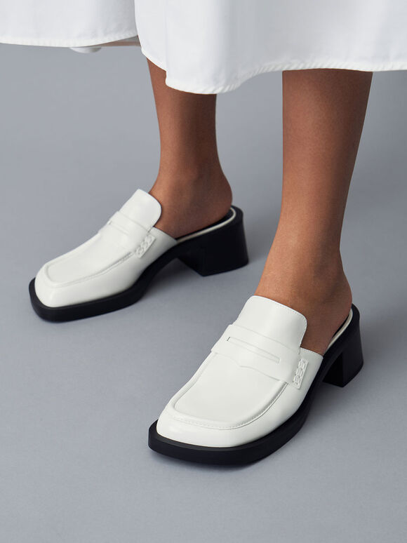 Penny Loafer Mules, White, hi-res