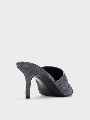 Sepatu Mules Heeled Ruched Twill, Dark Blue, hi-res