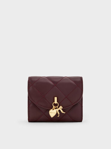 Dompet Quilted Bow-Heart Charm Curved-Flap Arrietty, Wineberry Red, hi-res