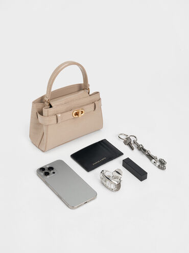 Tas Top Handle Belted Croc-Effect Aubrielle, Taupe, hi-res