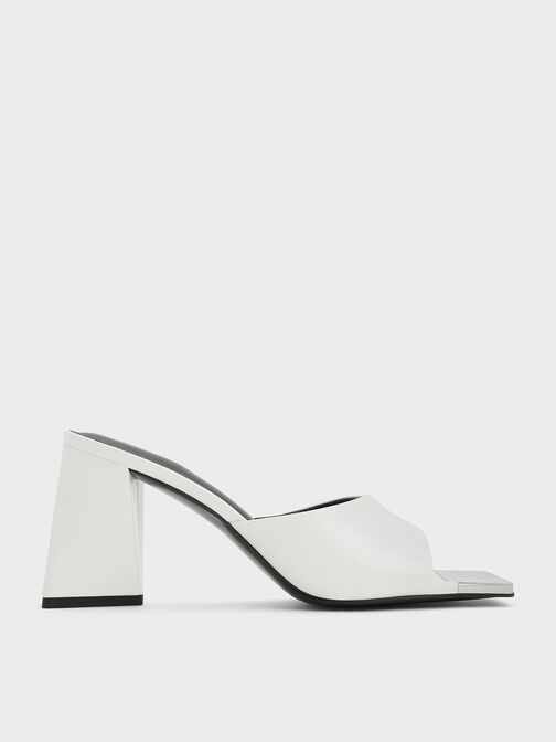 Sepatu Mules Metallic Cap Sculptural Heel, White, hi-res