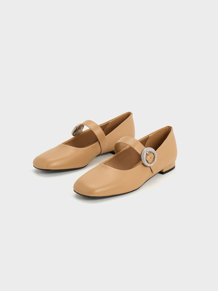 Sepatu Flats Mary Janes Crystal-Embellished Buckle, Camel, hi-res