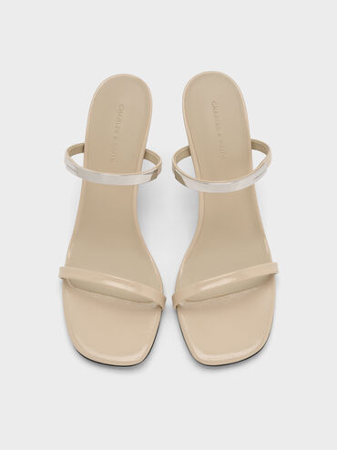 Patent Metallic-Accent Double-Strap Heeled Sandals, Beige, hi-res