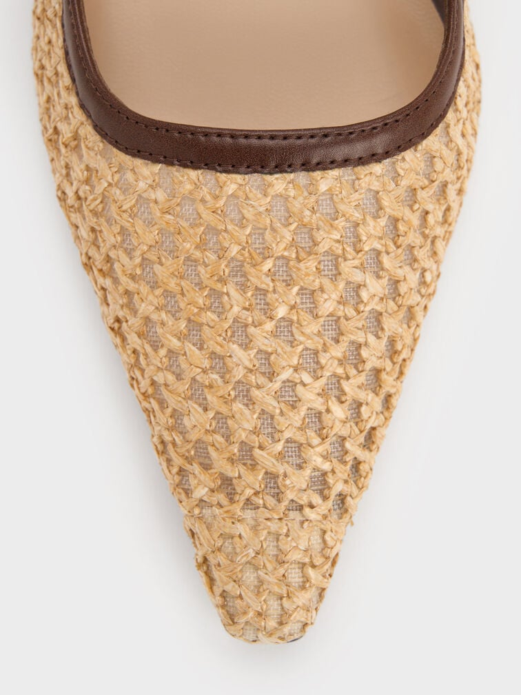 Sepatu Mules Pointed Sculptural-Heel Raffia, Dark Brown Textured, hi-res