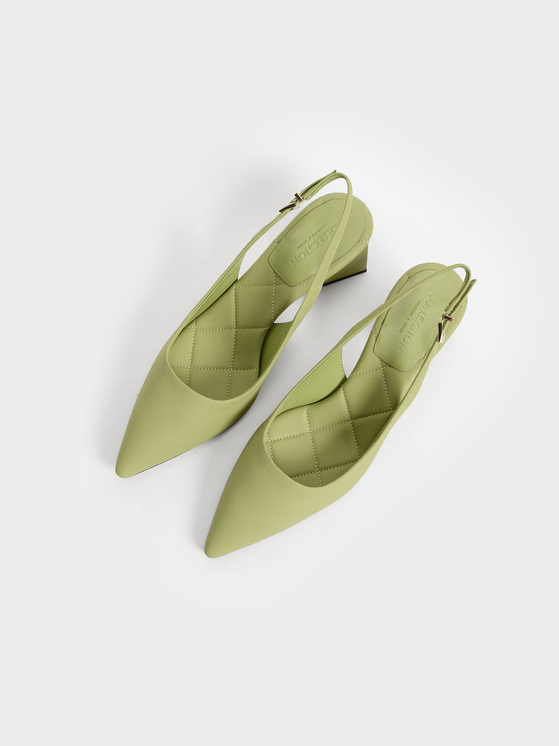 Green Leather Pointed Toe Slingback Pumps - CHARLES & KEITH ID