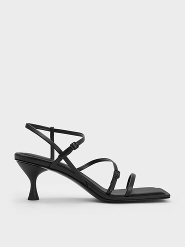 Strappy Spool Heel Sandals, Black, hi-res