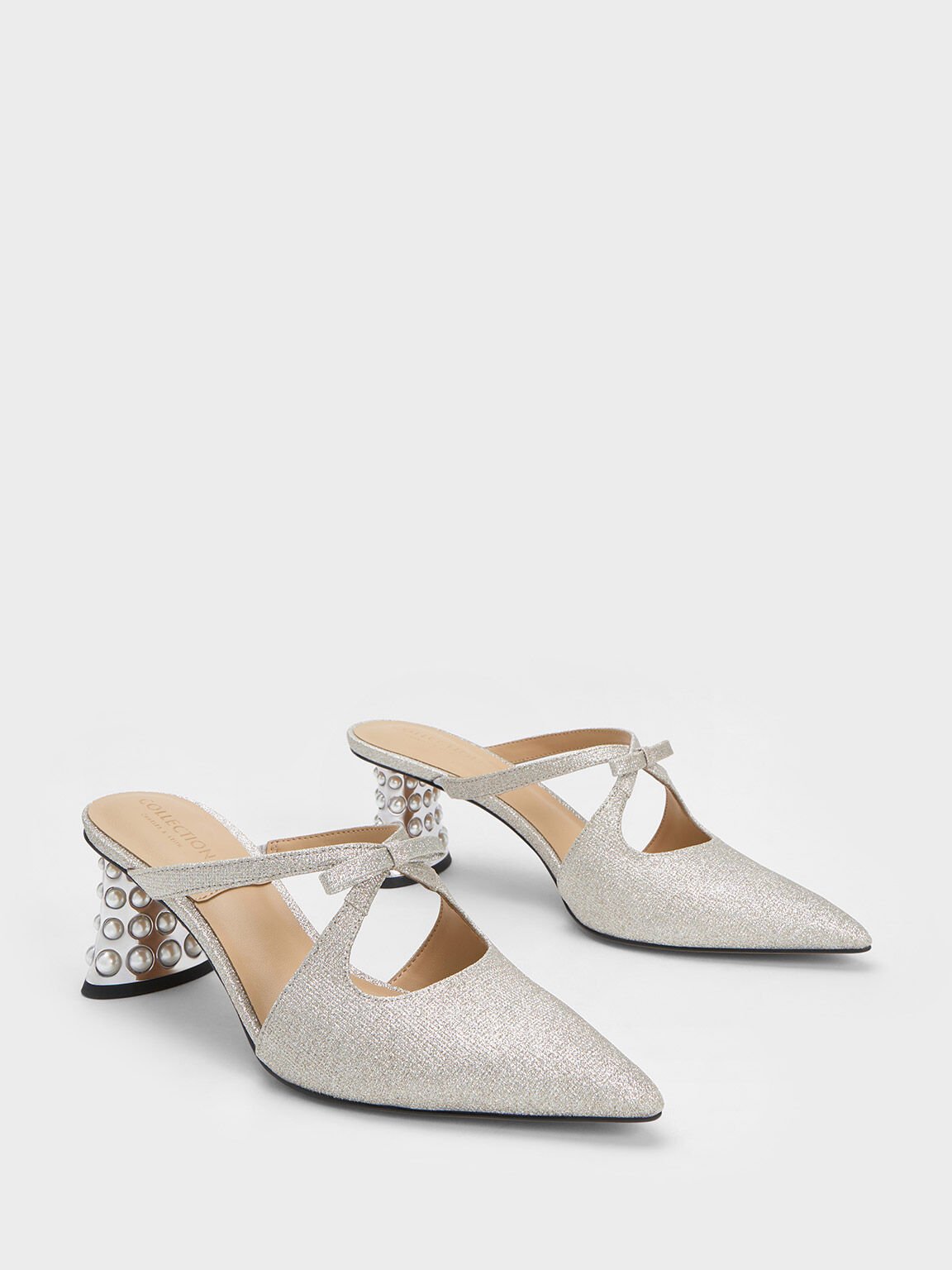 Beaded Heel Glittered Bow Mules, Silver, hi-res