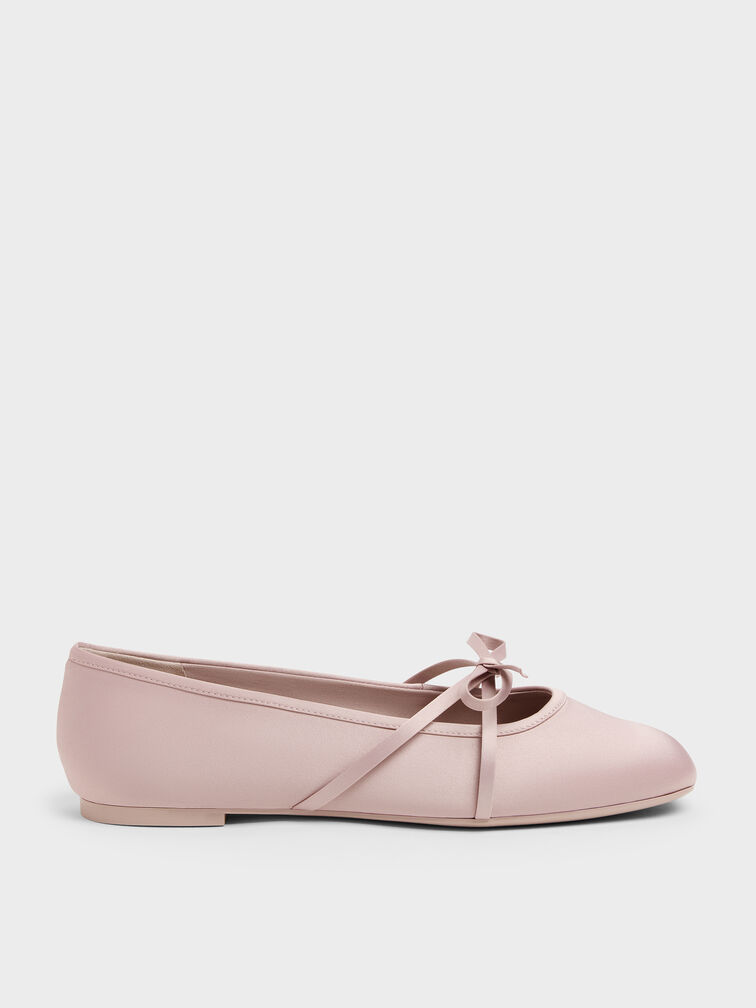 Sepatu Flats Balet Bow Satin, Pink, hi-res