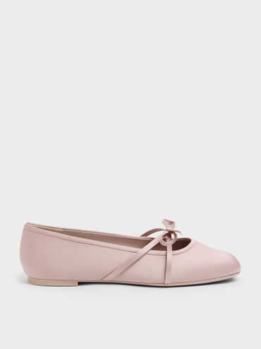 Sepatu Flats Balet Bow Satin, Pink, hi-res