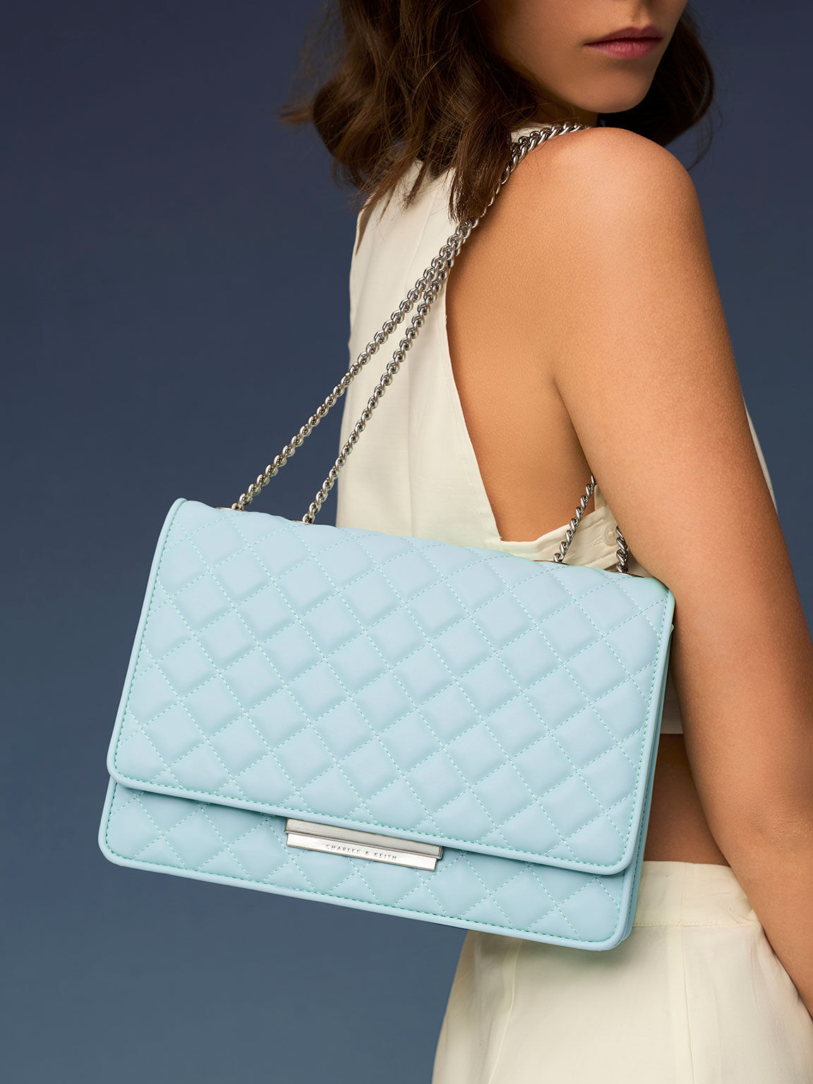 Tas Double Chain Handle Quilted, Light Blue, hi-res