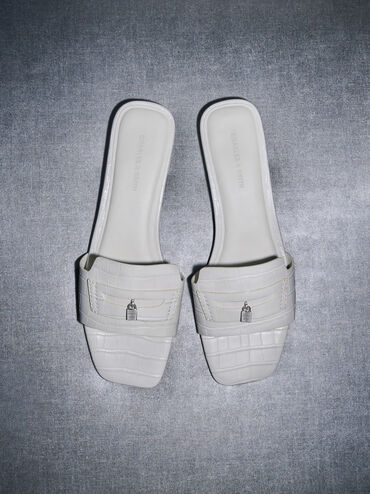 Sandal Slide Croc-Effect Griselda, Animal Print White, hi-res