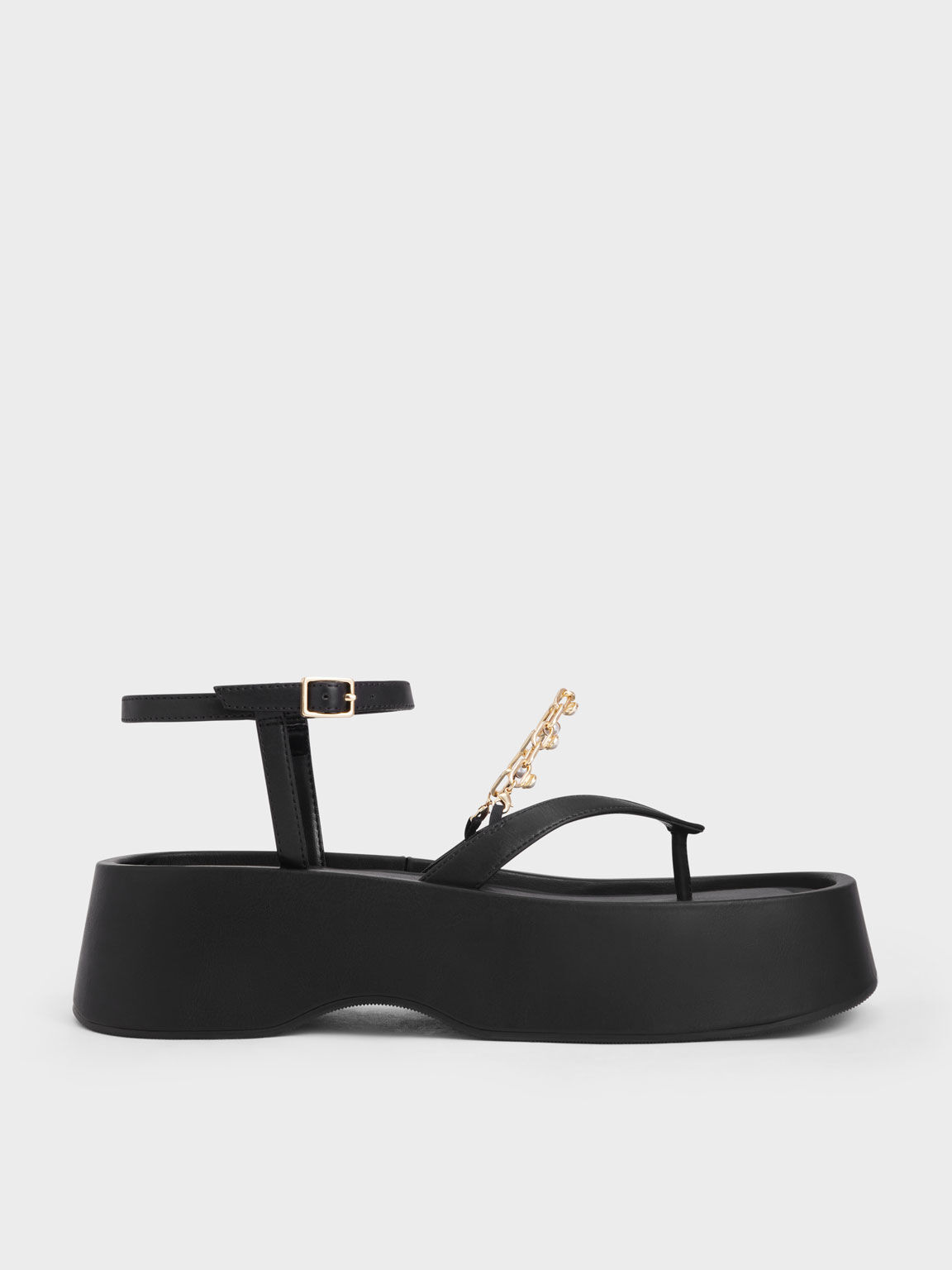 Sandal Flatforms Savannah Chain-Embellished Ankle-Strap, Black, hi-res
