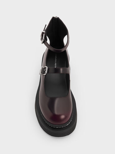 Sepatu Mary Janes Platform Ankle-Strap Buckled, Burgundy, hi-res