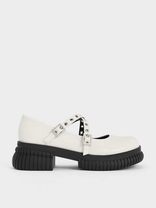 Sepatu Mary Janes Platform Grommet-Strap, White, hi-res