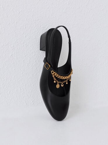 Sepatu Pumps Slingback Mary Jaane Charm Double-Chain, Black, hi-res