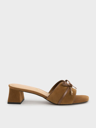 Sepatu Mules Heeled Bow Leather & Suede, Brown, hi-res