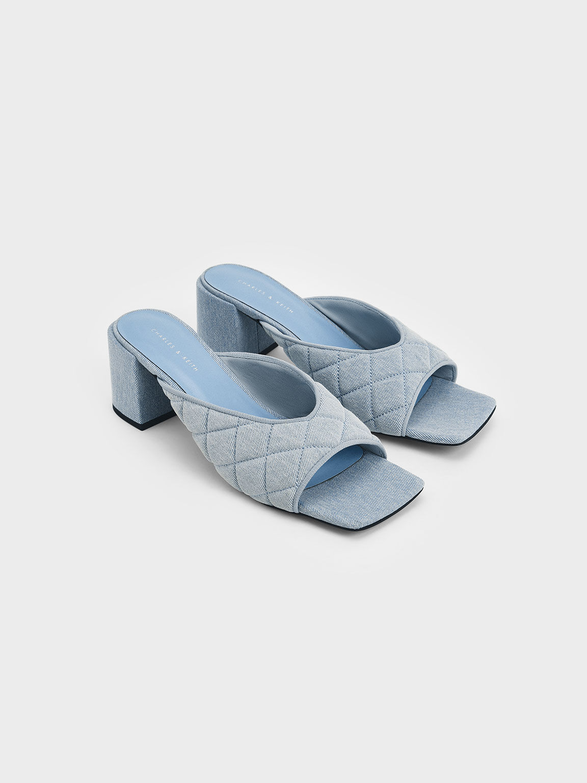 Sepatu Mules Square Toe Quilted Denim, Light Blue, hi-res