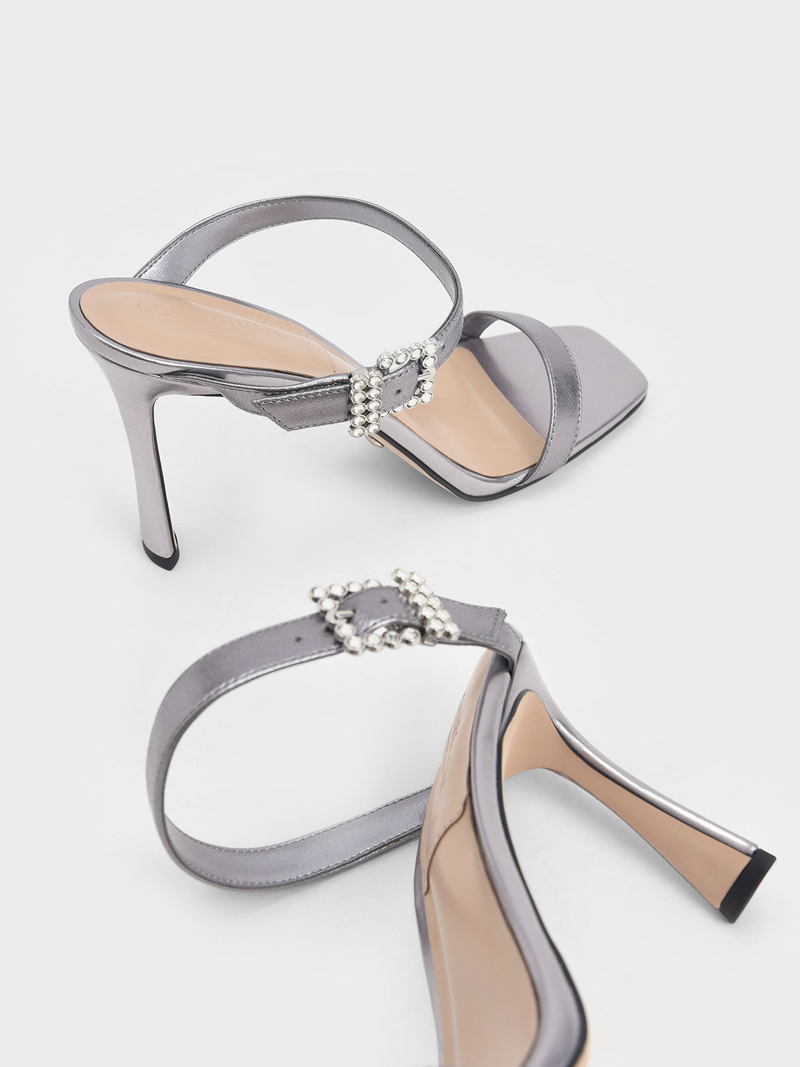 Leather Gem-Embellished Stiletto Sandals, Silver, hi-res