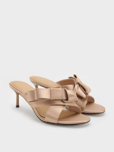 Sepatu Mules Heeled Pleated-Bow, Nude, hi-res
